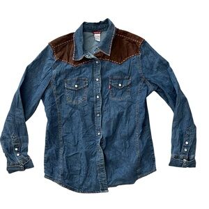 Levi’s Blue Jean Button Up Shirt Denim Faux Suede Western 🤠